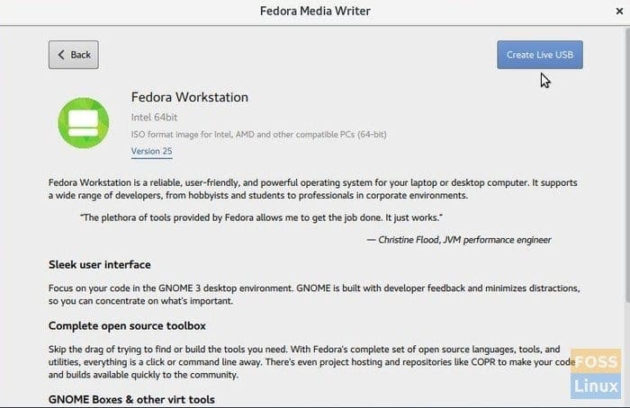 Fedora Media Writer in Fedora 25 Workstation