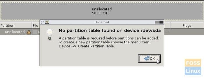 GParted - No Partition Table Found Warning