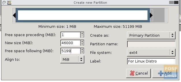 GParted - Partition Parameters
