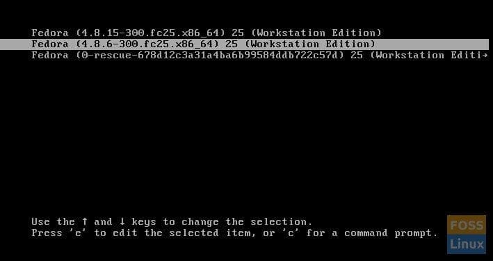 Fedora Boot Loader showing Linux Kernel Versions