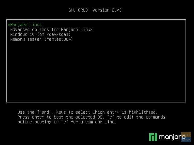 Manjaro GRUB showing boot options