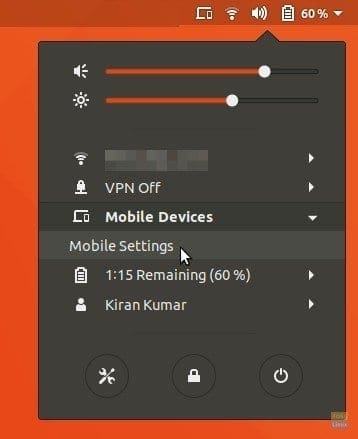 Ubuntu 17.10 Status Bar showing Mobile Devices