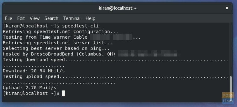 Internet speed test Fedora 27 Terminal