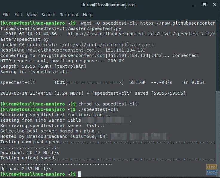 Speedtest installation and internet speed test in Manjaro 17.0.2 GNOME terminal
