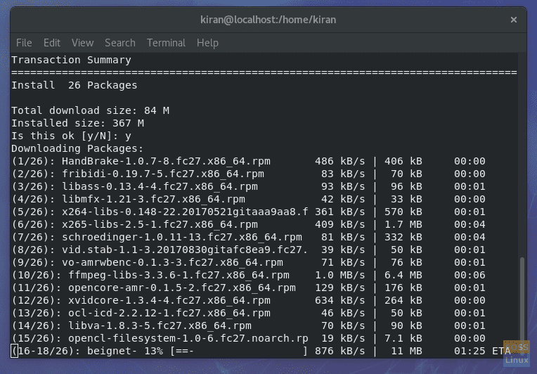 Fedora 27 Terminal - Installing HandBrake