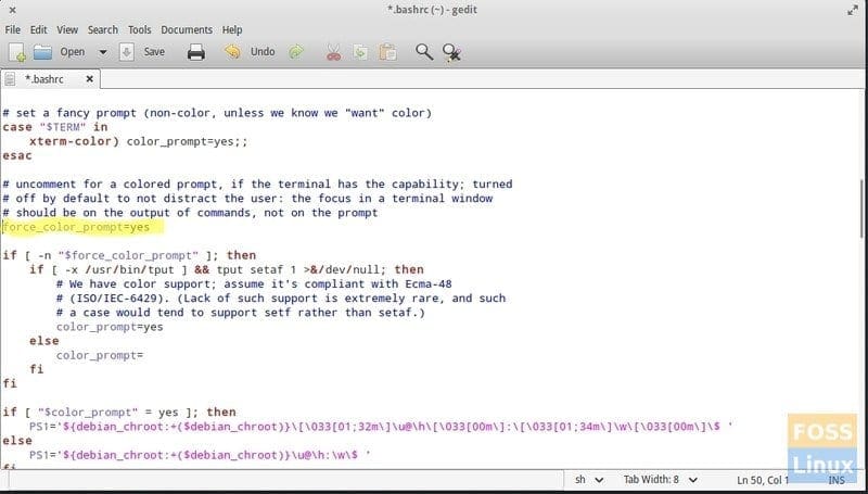 Edit Bashrc and Uncomment force_color_prompt=yes
