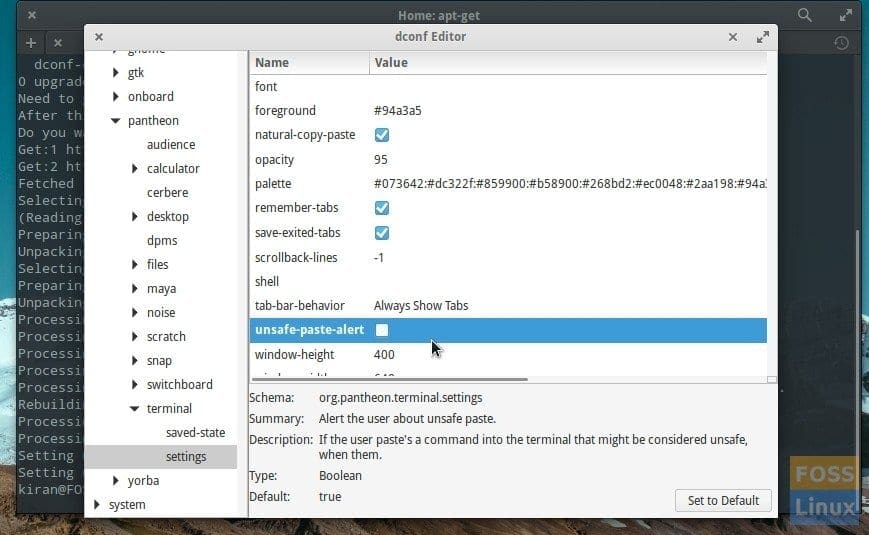 dconf editor - uncheck unsafe alert in terminal settings