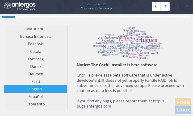 Antergos Installer - Choose Language