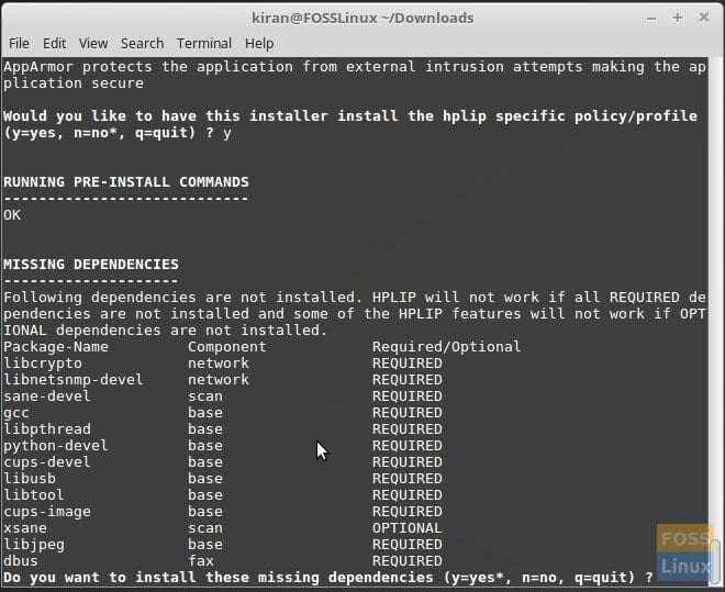 Terminal showing Dependencies of HPLIP