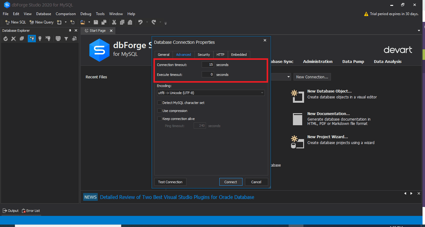 Database connection properties