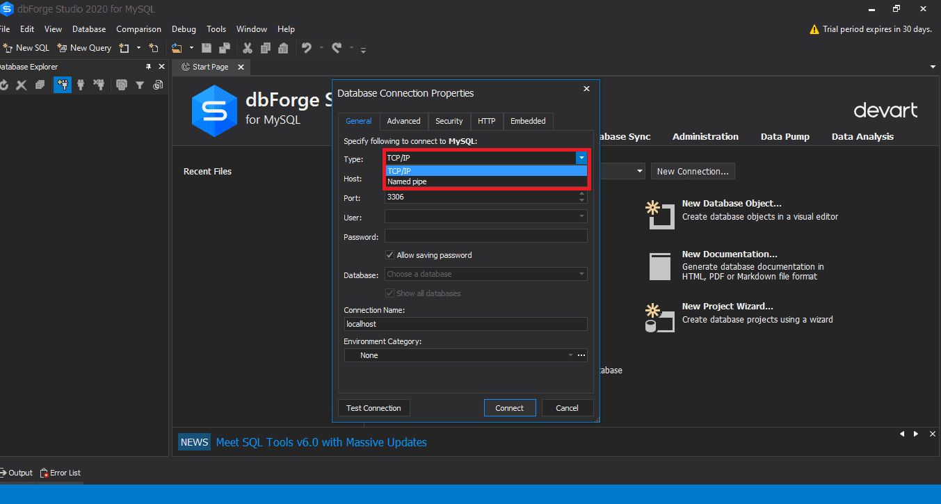 MySQL choose new connection type