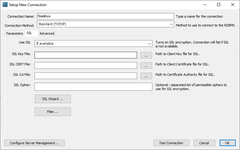 MySQL workbench SSL settings