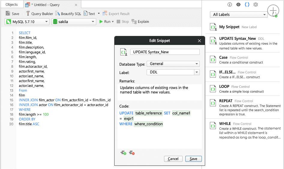 Navicat for MySQL code snippet