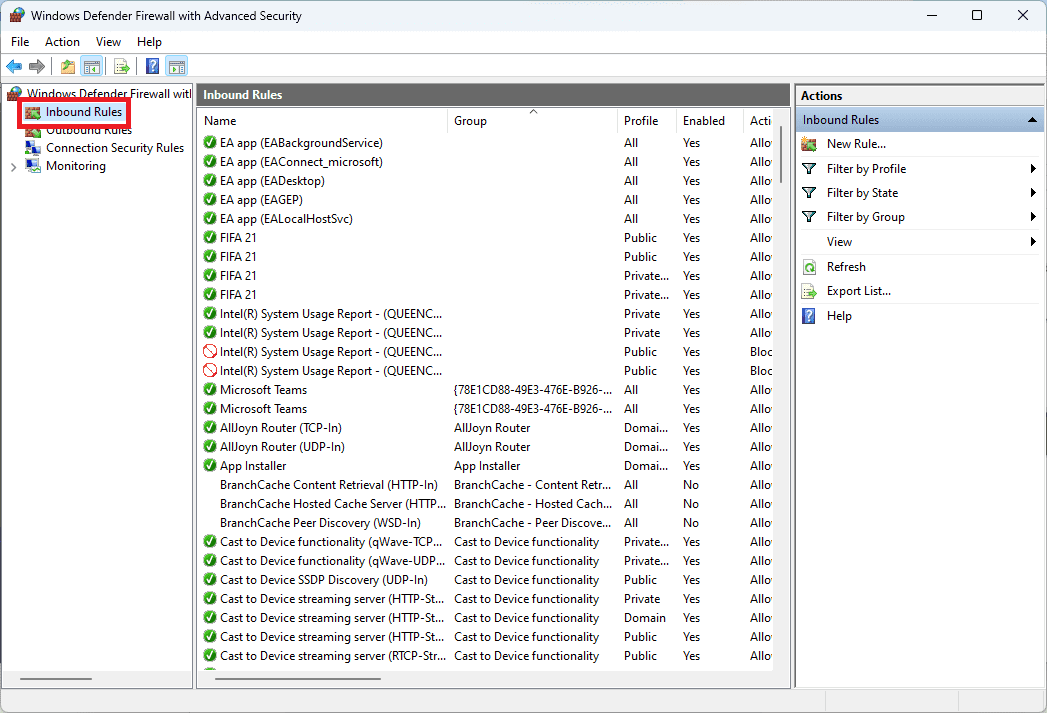click on inbound rules